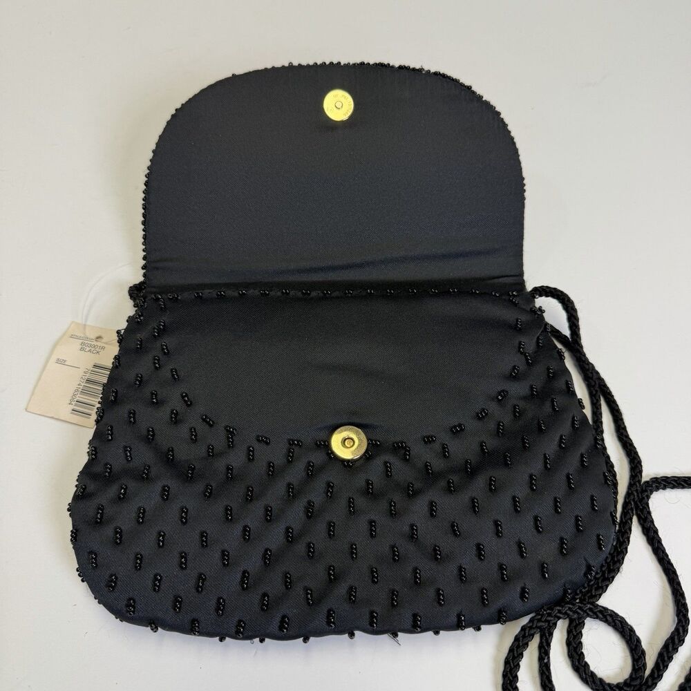 Vintage Black Floral Beaded Evening Clutch Bag Cord Strap Formal New with Tag